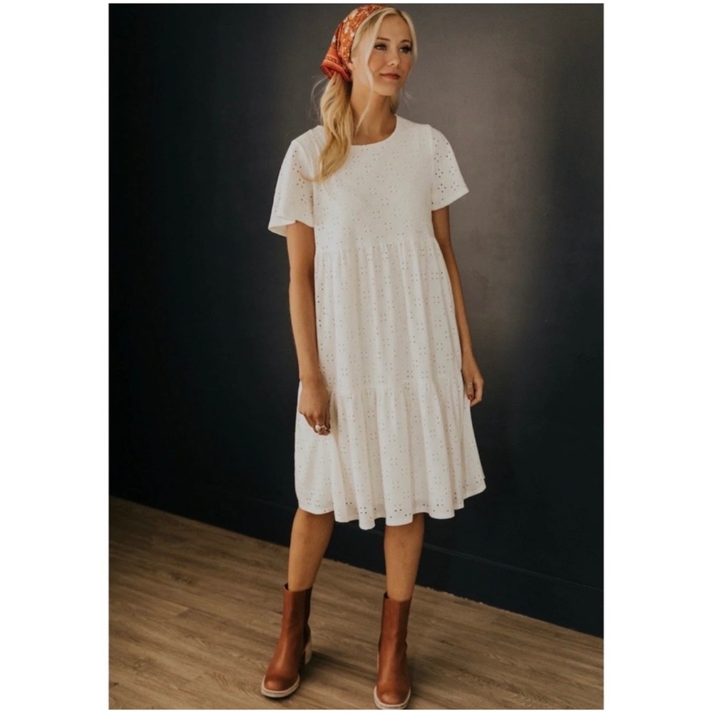 Roolee White Eyelet Tiered Leonora Dress Coastal Cottagecore Prairie‎ Size Large